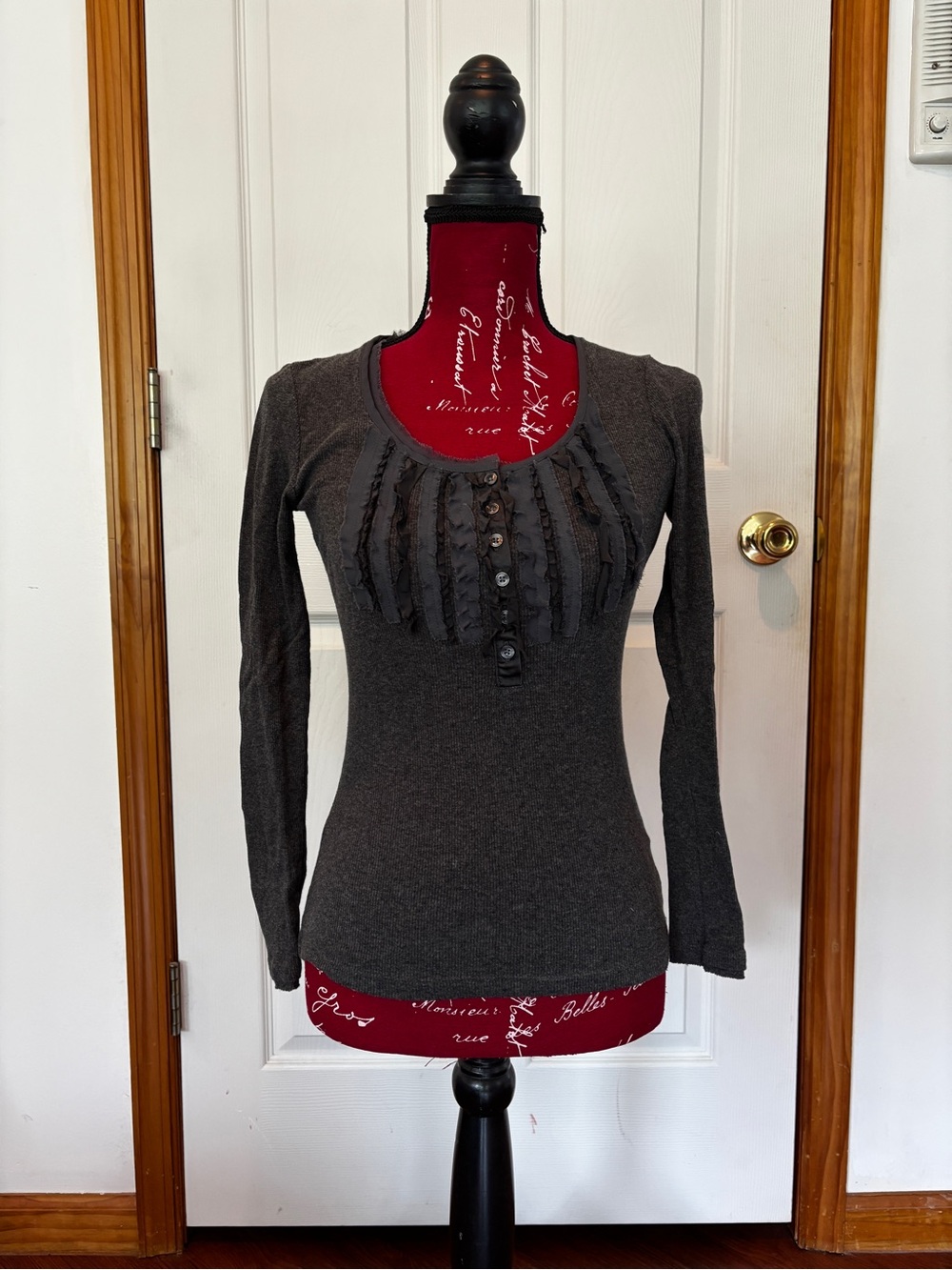 Banana Republic Dark Gray Ruffle Henley Long-Sleeve Top